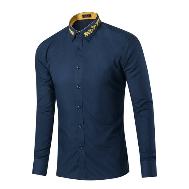 Coolred-Men Silm Fit Turn Down Collar Long-Sleeve Embroidered Bussiness Work Shirt 